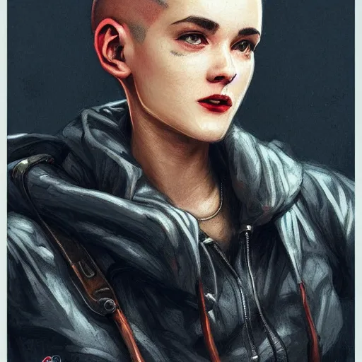 Image similar to character portrait of a 1950s girl in a hoodie, pixie cut, shaved side of head, dystopian cyberpunk steampunk soviet mood, intricate, wild, highly detailed, digital painting, artstation, upper body, concept art, smooth, sharp focus, illustration, art by artgerm and greg rutkowski and alphonse mucha