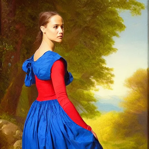 Prompt: portrait of Alicia Vikander wearing blue shirt and red 1850 dress, in the style of the Hudson River School