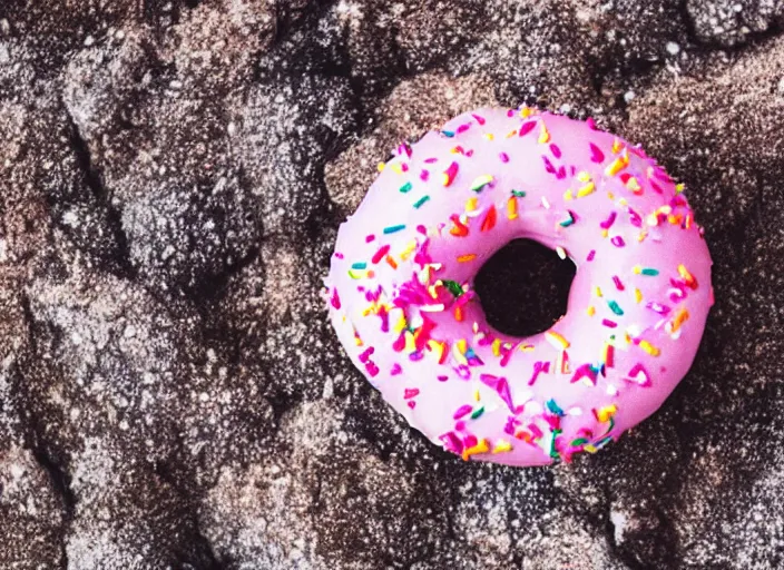 Prompt: a pink sprinkled donut on top of a mountain, photography, high definition, rule of thirds