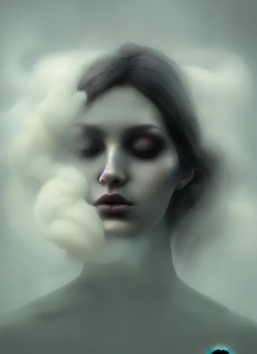 Image similar to an ethereal, smoky portrait of a woman whose face is covered with glowing makeup. the makeup floats off her face and joins swirling clouds of smoke and fog. surreal portrait, concept art, cinematic lighting, 8 k, sharp focus, digital painting, rendered in octane, painted by tom bagshaw, artgerm