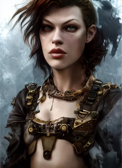 Prompt: Young Milla Jovovich as a steampunk warrior, grungy, glowing eyes, , Photo realistic, radiant skin, perfect face, intricate, Promotion still, Trending on Artstation