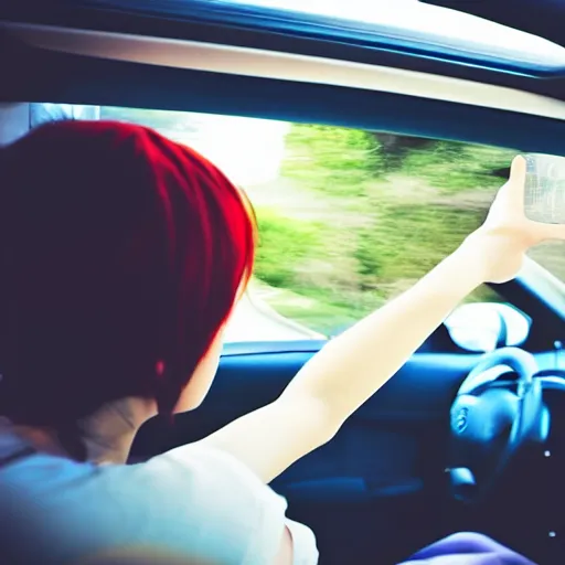 Prompt: two people sitting next to each other in a car, camera view shot from low inside the door of the car, anime style - n 4