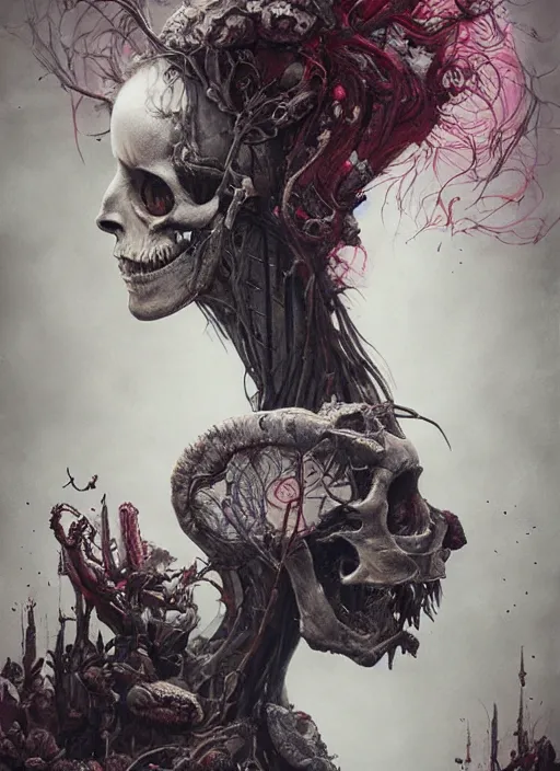 Image similar to Alice eats a cake and grows large,highly detailed,half skull face,cinematic,8k,by Stanley Artgermm,Tom Bagshaw,Greg Rutkowski,Carne Griffiths, Ayami Kojima, Beksinski, Giger,trending on DeviantArt,hyper detailed,horror, full of colour