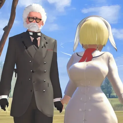 Image similar to Colonel Sanders marrying 2B from nier automata in kentucky