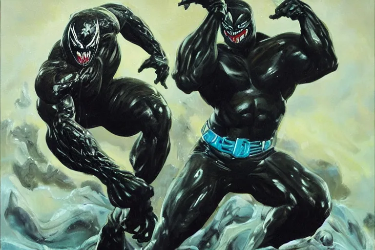 Image similar to a oil painting of dwayne johnson as venom the symbiote, oily, slimey, venom is covering him completely, black slime, drawn by frank frazetta