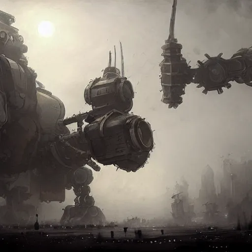 Image similar to gigantic steampunk mecha, dense fog, trending on artstation, jakub rozalski