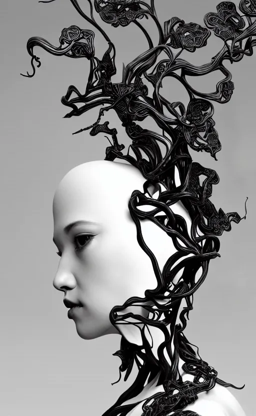 Image similar to black and white complex 3d render of 1 beautiful profile woman porcelain face, vegetal dragon cyborg, 150 mm, sinuous silver metallic ghost orchid and magnolia stems, roots, leaves, fine foliage lace, maze-like, black metalic carbon armour with silver details fractal, anatomical, surrounded by smoke, facial muscles, cable wires, microchip, elegant, highly detailed, rim light, octane render, H.R. Giger style, David Uzochukwu
