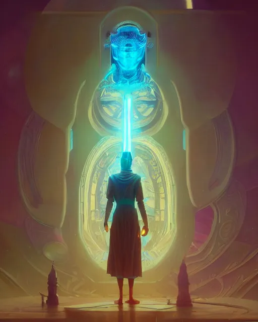 Image similar to highly detailed surreal vfx portrait of a sacred robot, stephen bliss, unreal engine, greg rutkowski, loish, rhads, beeple, makoto shinkai and lois van baarle, ilya kuvshinov, rossdraws, tom bagshaw, alphonse mucha, global illumination, detailed and intricate environment