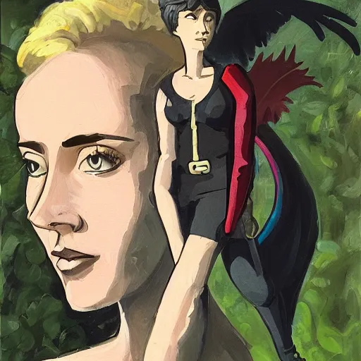 Image similar to short-haired heroic stoic handsome blonde butch tomboy woman engineer standing beside dark fae feathered Jennifer Connelly in garden, in love, Mike Mignola, trending on art station, oil painting