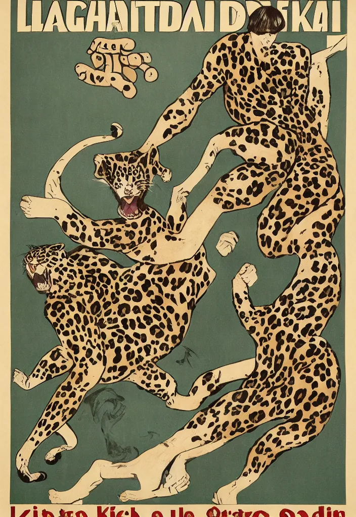 Prompt: 1 9 2 0's poster showing how to control attacking leopard with karate hand gestures, illustrating drawing, silk print