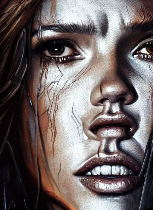 Image similar to close up portrait of jessica alba as a monster in the mountains of hell, oil painting by tomasz jedruszek, cinematic lighting, pen and ink, intricate line, hd, 4 k, million of likes, trending on artstation