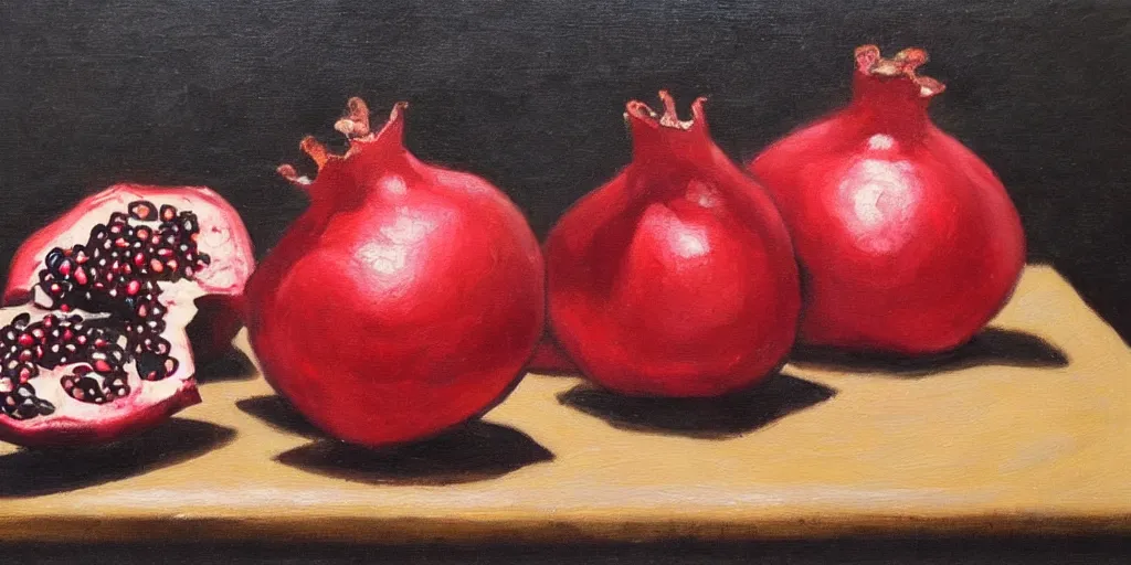 Prompt: pomegranates on the table, oil paint