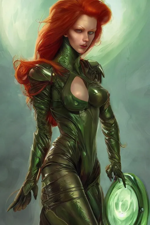 Image similar to Redhead alien human beautiful hybrid feminine woman with green eyes and a roundish nose as a futuristic heroine, digital painting, artstation, concept art, smooth, sharp focus, illustration, art by artgerm and donato giancola and Joseph Christian Leyendecker, Ross Tran, WLOP