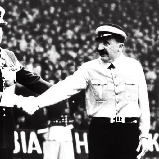 Image similar to modern press photograph of robert lewandowski shaking hands with adolf hitler during a football match