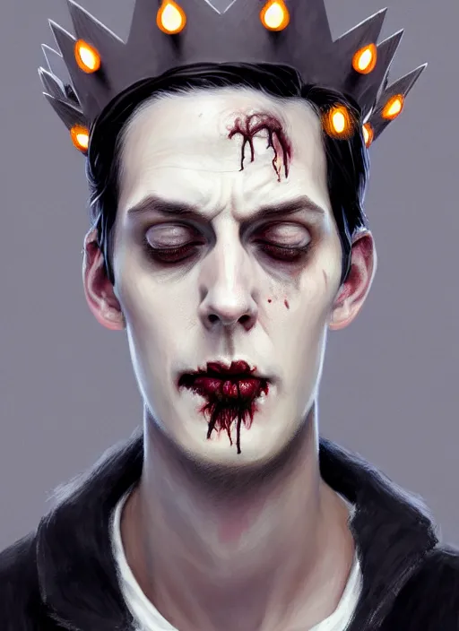 Image similar to portrait of zombie jughead jones wearing a light grey crown, photorealistic, zombie, crown, eyes closed, crown, black hair, intricate, elegant, glowing lights, highly detailed, digital painting, artstation, concept art, sharp focus, illustration, art by wlop, mars ravelo and greg rutkowski