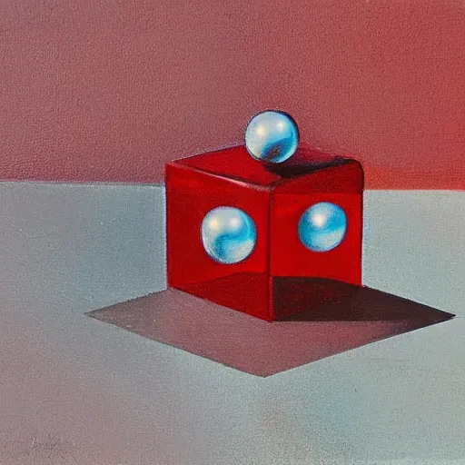 Prompt: chrome spheres on a red cube by alan oldham