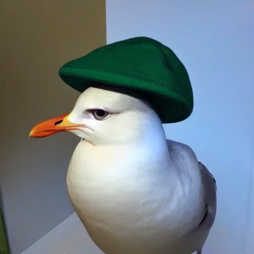 Prompt: Seagull wearing luigis hat, realistic