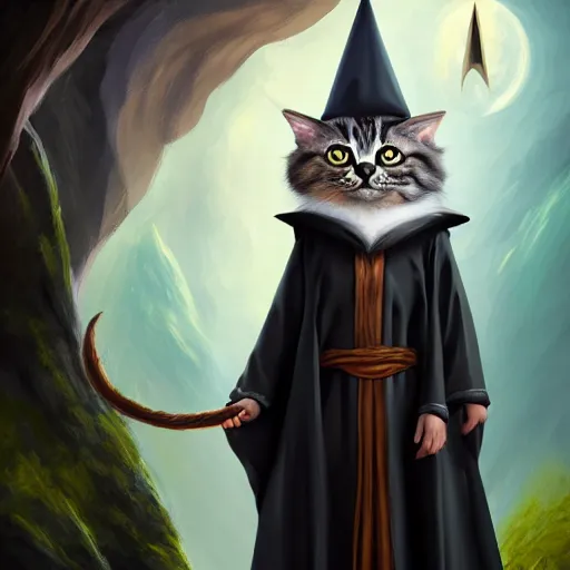 Image similar to matte oil painting of a bipdel cat wearing long wizard robes, anthropomorphic cat wearing a wizard hat, dnd, character reveal, magic, posing, full body portrait, high resolution, detailed, inspiring, award - winning