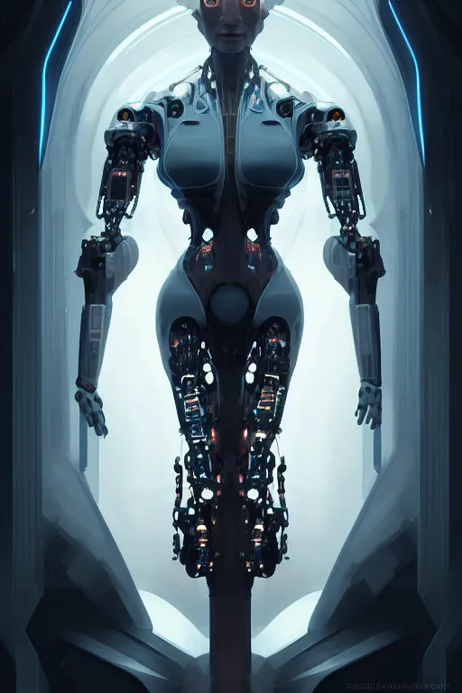 Image similar to professional concept art symmetrical portrait of a horrendous robotic fractal species in a dark room by artgerm and greg rutkowski. an intricate, elegant, highly detailed digital painting, concept art, smooth, sharp focus, illustration, in the style of cam sykes.