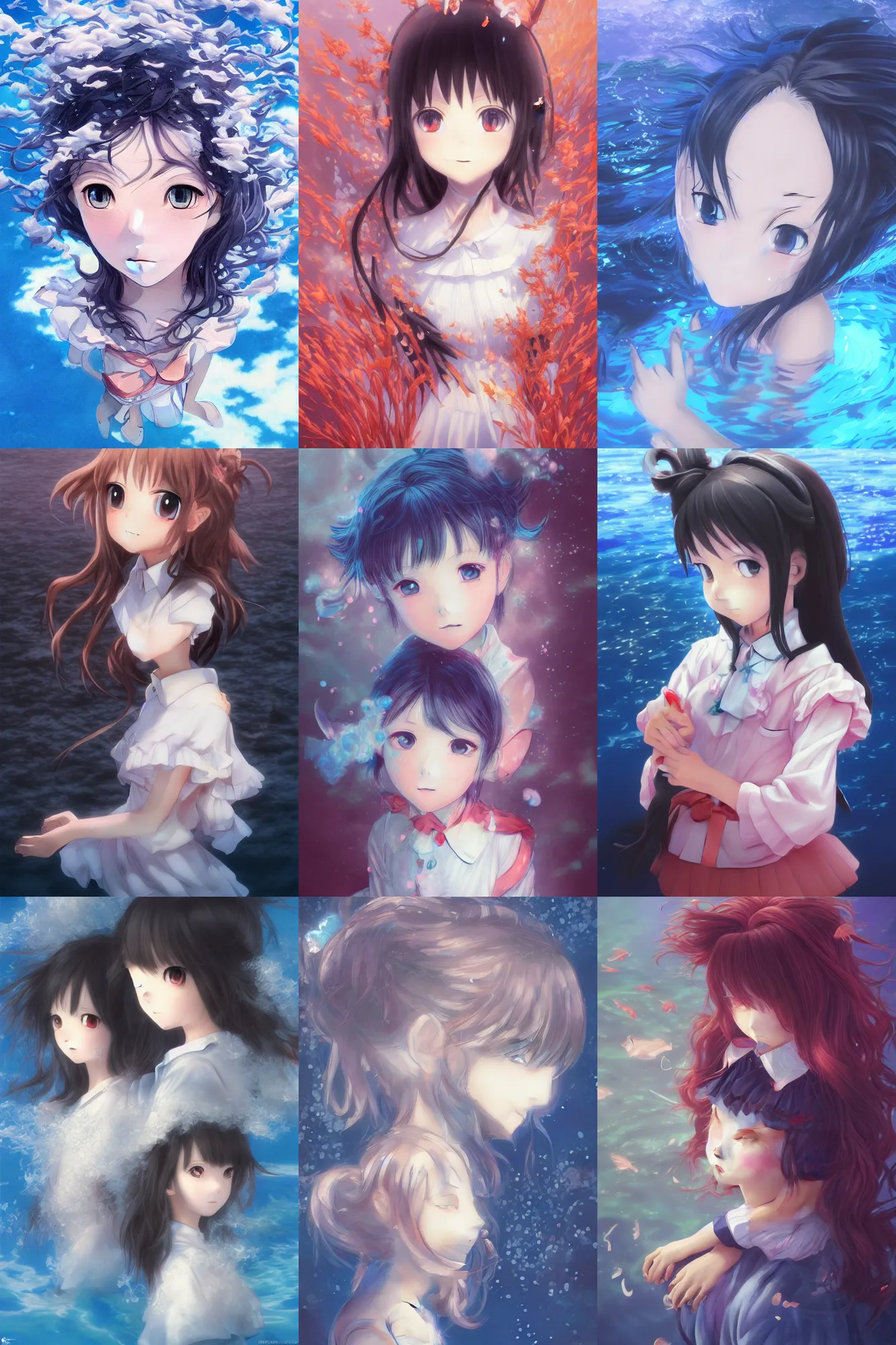 Image similar to 3d infrared render portrait of beauty 3d anime schoolgirl ruffled friends hair art by hiro kiyohara. underwater water. school best friends. ultra cutest face and dark hair. dramatic light, trending on artstation, art by hayao miyazaki oil painting.