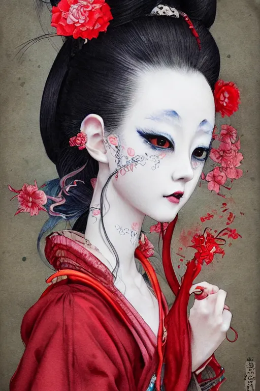 Prompt: watercolor painting of a japanese bjd geisha oni demon with a long neck in a victorian lolita fashion red dress in the style of dark - fantasy painted by yoshitaka amano, tom bagshaw, ayami kojima, katsuhiro otomo, dmt art, symmetrical face portrait, intricate detail, artstation, artgerm, rococo!