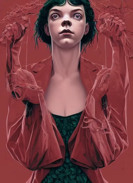 Image similar to poster artwork by Michael Whelan and Tomer Hanuka, Karol Bak Whether she was portraying the victim-turned-monster or monster-turned-victim, Anya Taylor-Joy is beautiful perfection, from scene from Twin Peaks, clean, simple illustration, nostalgic, domestic, full of details