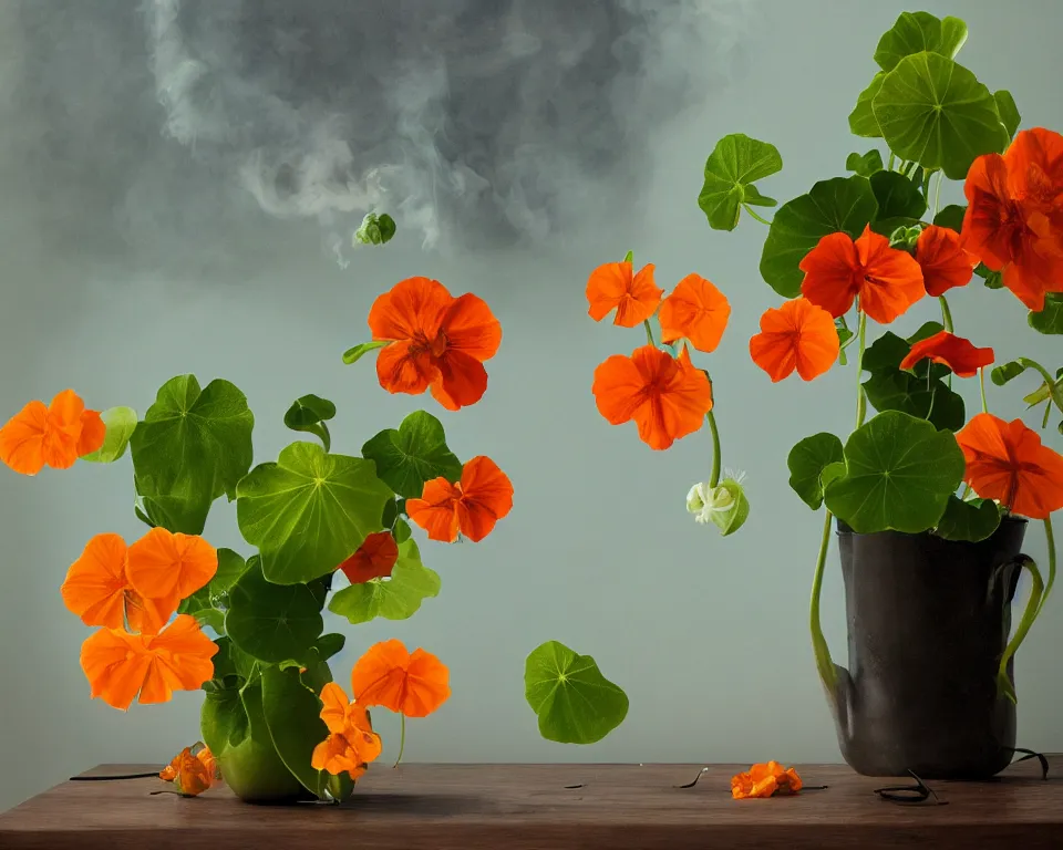 Prompt: photorealistic still life arrangement of a flowering nasturtium surrounded by blueish smoke with soft light coming from a window in a very dark room