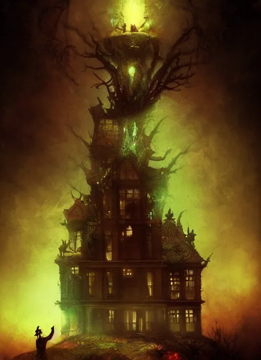 Image similar to shubniggurath destroying a glowing mansion in burning vapor dramatic lighting, artstation, matte painting, alexander jansson, allen williams, anja millen