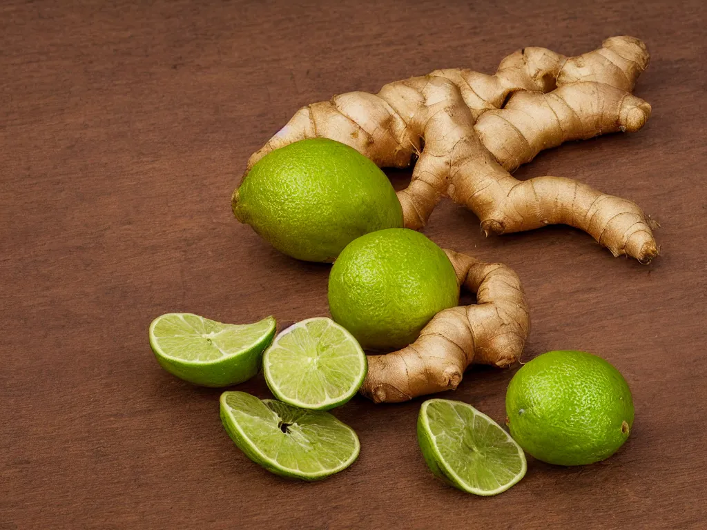 Prompt: still life, hyper detailed image of a ginger root leaning against a perfect lime, on a wooden table, studio lighting, sigma 55mm f/8