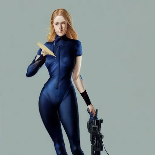 Image similar to full figure ultra realistic illustration, evan rachel wood wearing a futuristic navy blue pantsuit, blonde straight hair, dystopian, intricate, elegant, highly detailed, digital painting, artstation, concept art, smooth, sharp focus, illustration, art by artgerm and greg rutkowski and alphonse mucha