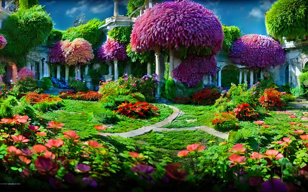 Image similar to a sprawling garden with many flowers and vines, sunny day, beautiful lighting, vivid colors!, highly detailed, cinematic, octane render, 4 k, trending on artstation, deviantart featured