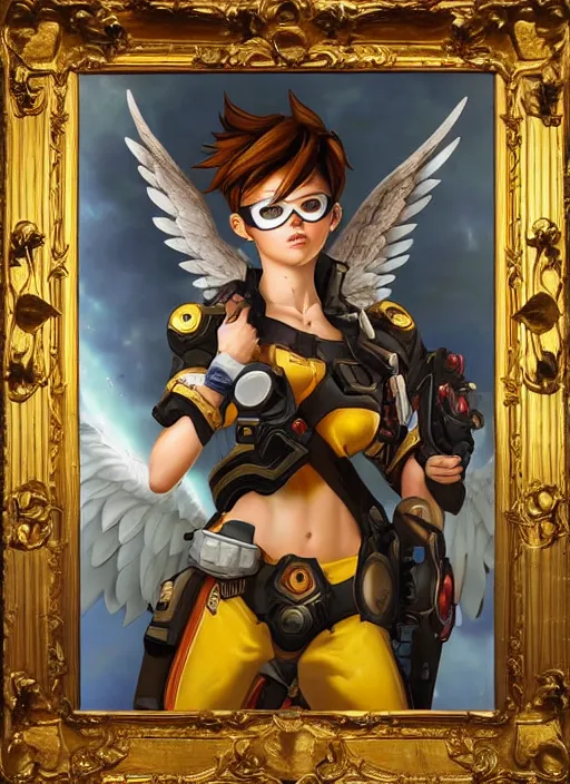 KREA - full body oil painting of tracer overwatch in the style of artgerm,  angel wings, angelic golden armor, dramatic painting, symmetrical  composition, ornate, high detail, gold detailed collar!!!!!, blooming,  lights, flowers