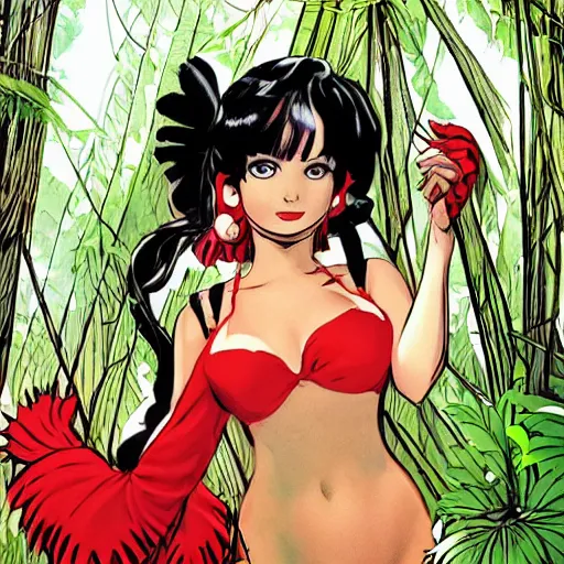 Image similar to a howard chaykin of reimu in the jungle wearing bonnet