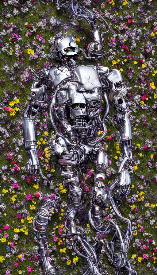 Image similar to destroyed terminator lying in a field of flowers, twisted metal, chrome, reflections, anthropomorphic, photorealism, smoke, metal, 8 k, surreal, wires, smooth, sharp focus, top view, extremely detailed, hyperrealism, elegant, establishing shot, by jeff koons, artgerm and greg rutkowski