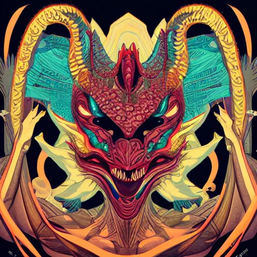 Image similar to Tristan Eaton, victo ngai, artgerm, symmetrical dragon mask, filled with anger and disgust