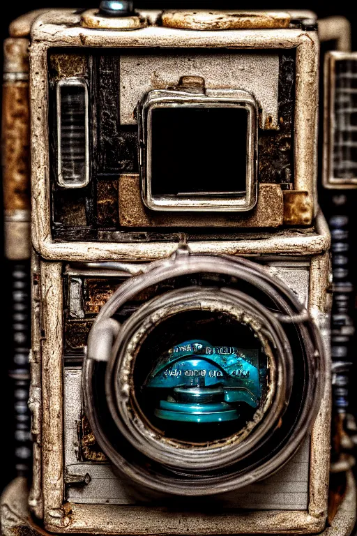 Prompt: A photo of a very old opened camera with film, vacuum tubes, capacitors and coils inside by Annie Lebovitz and Steve McCurry, grungy, weathered Ultra detailed, hyper realistic, 4k