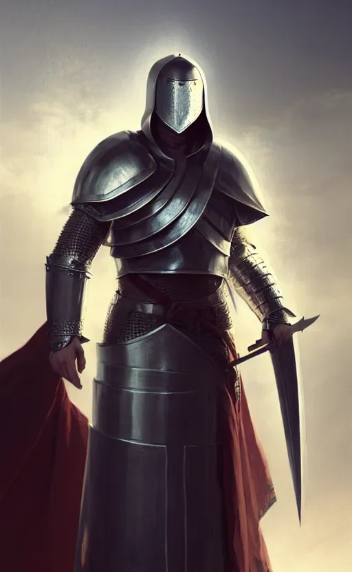 Image similar to white man looking forward in decorated plate armor, cylindrical crusader great helm covering all his head and white silk cape covering his elbows drawn by greg rutkowski realistic high detail