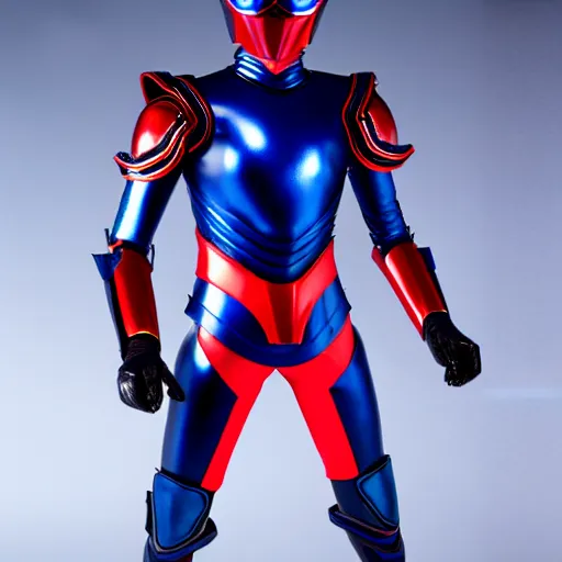 Image similar to Hard Science Fiction Kamen Rider, dark blue armor with red secondary color glowing eyes, daytime, grey rubber undersuit