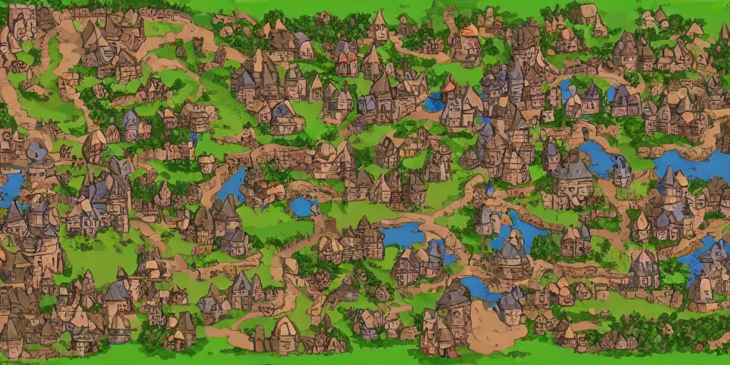 Image similar to a high detailed village vector art presenting an aerial view of a cartoonish rpg village by dungeondraft, dofus, patreon content, containing tables and walls, hd, straight lines, vector, grid, dnd map, map patreon, fantasy maps, foundry vtt, fantasy grounds, aerial view, dungeondraft, tabletop, inkarnate, dugeondraft, roll 2 0