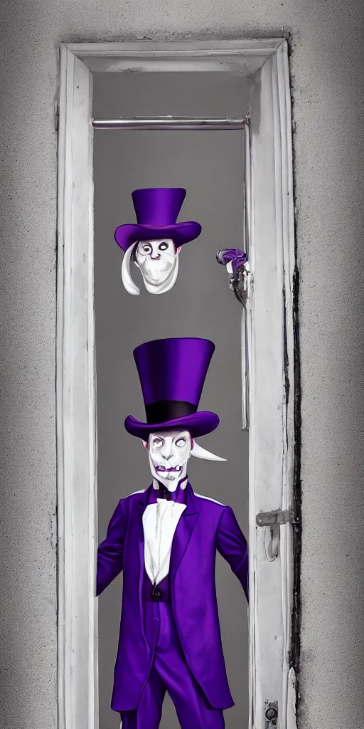 Prompt: a purple skinned tiefling with a goatee wearing a white suit and tophat standing in a doorway, purple skin, goatee, by Mark Brooks