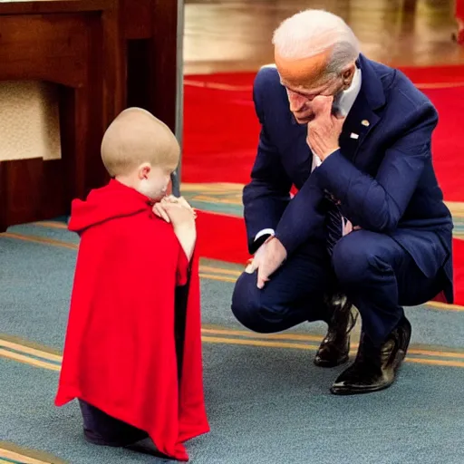 Image similar to joe biden wearing a red cloak and praying next to a sleeping young boy