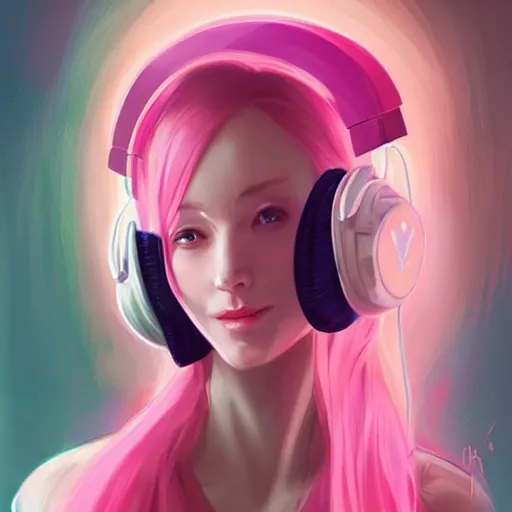 Prompt: very very very beautiful pink gamer girl wearing headphones standing in a pink girls room, full body portrait, eye contact, smiling, perfect face, perfect body, extreme long shot, drawn by charlie bowater