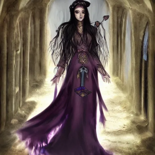 Prompt: Beautiful and cunning witch with long dark hair walking within a decayed medieval temple. She wears a purple dress adorned in jewelry flashing gold, trending on artstation, dark fantasy