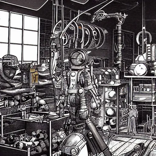 Image similar to space merchant in their shop, Industrial Scifi, detailed illustration, Chiaroscuro, character design, by Martin Grip and Moebius