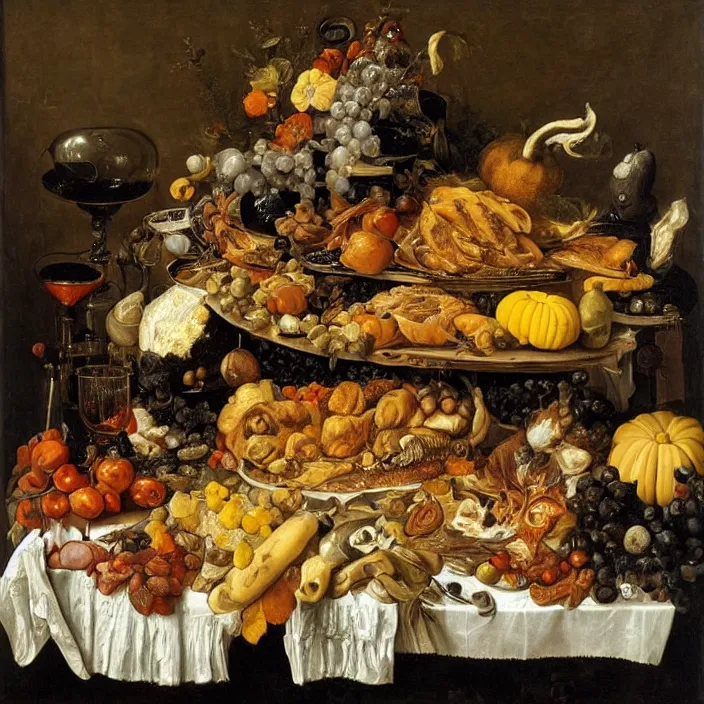 Prompt: victorian thanksgiving feast, fruit and vegetables, black background, vanitas, still life by giuseppe arcimboldo and pieter claesz, a flemish baroque by jan davidsz. de heem and jan van kessel the younger, dutch golden age, pinterest, rococo, hd, intricate high detail masterpiece