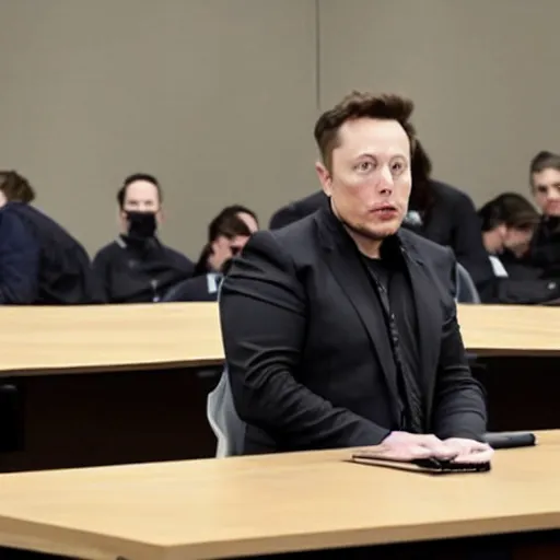 Prompt: Elon Musk in a trial in court, court photo,