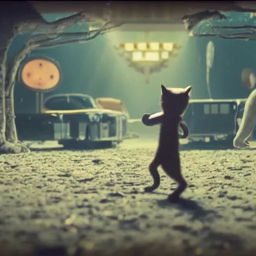 Image similar to a cinematic fill still from a 2015 movie where anthropomorphic cats battle with aliens, in the style of Quentin Tarantino, shallow depth of focus