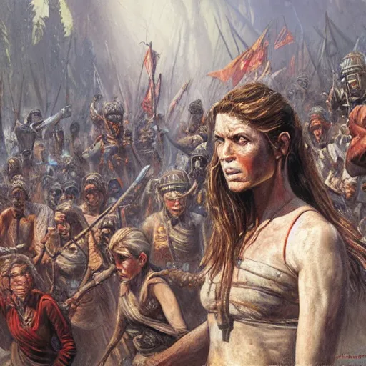 Image similar to woman among the horde, by James Gurney