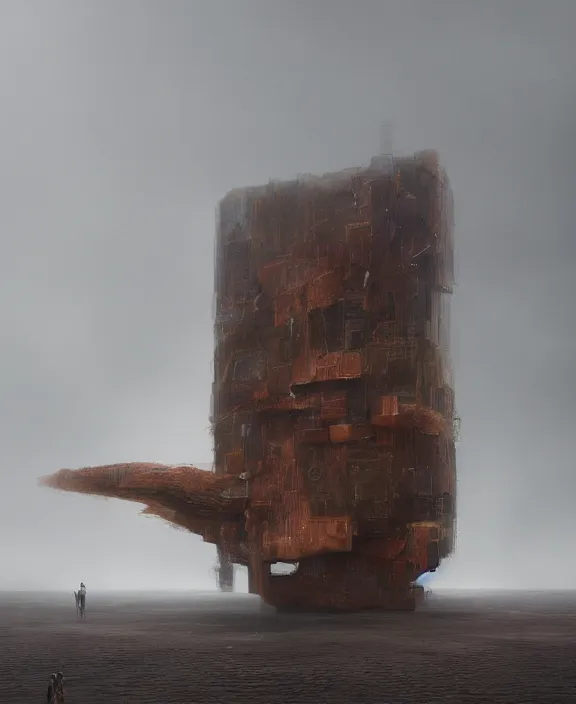 Image similar to surreal epic, masterpiece, romantic iris van herpen building, ancient ochre palette, impossible architecture by ruan jia, mecha floor, futuristic, blame, white architecture in the beach in iceland, foggy, highly detailed, digital painting, arstation, concept art, hyperealistic octane render, unreal engine