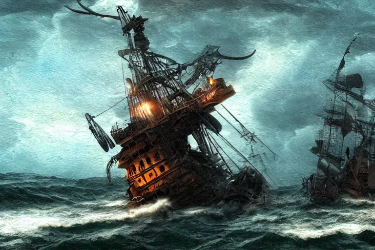 Image similar to epic pirate ship wreckage in a storm, sighting the kraken, in the style of vernon grant and chris van allsburg, trending on artstation, bright tilt - shift camcorder effect, photoshop, retrowave, hyperrealism,